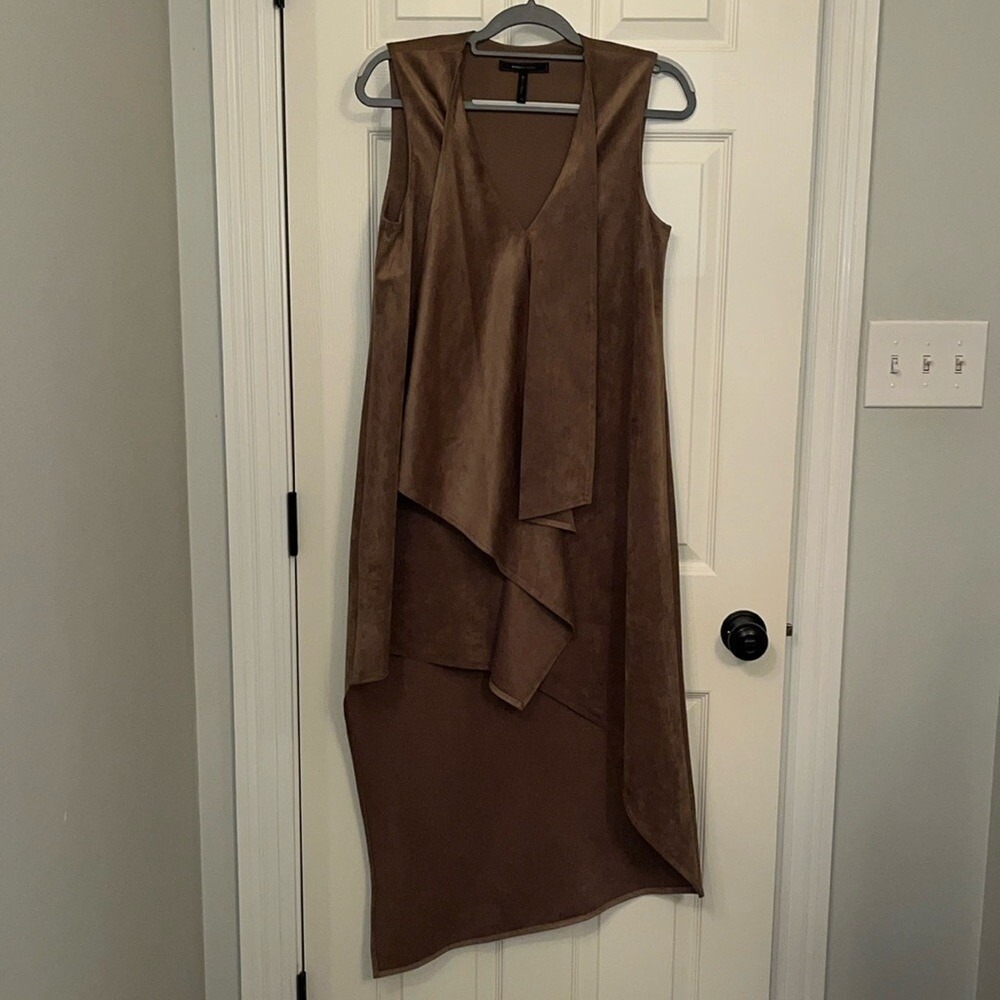 BCBG MaxAzria Women's Brown Tara Cascade Ruffle High-Low Dress Sz XS Faux Suede